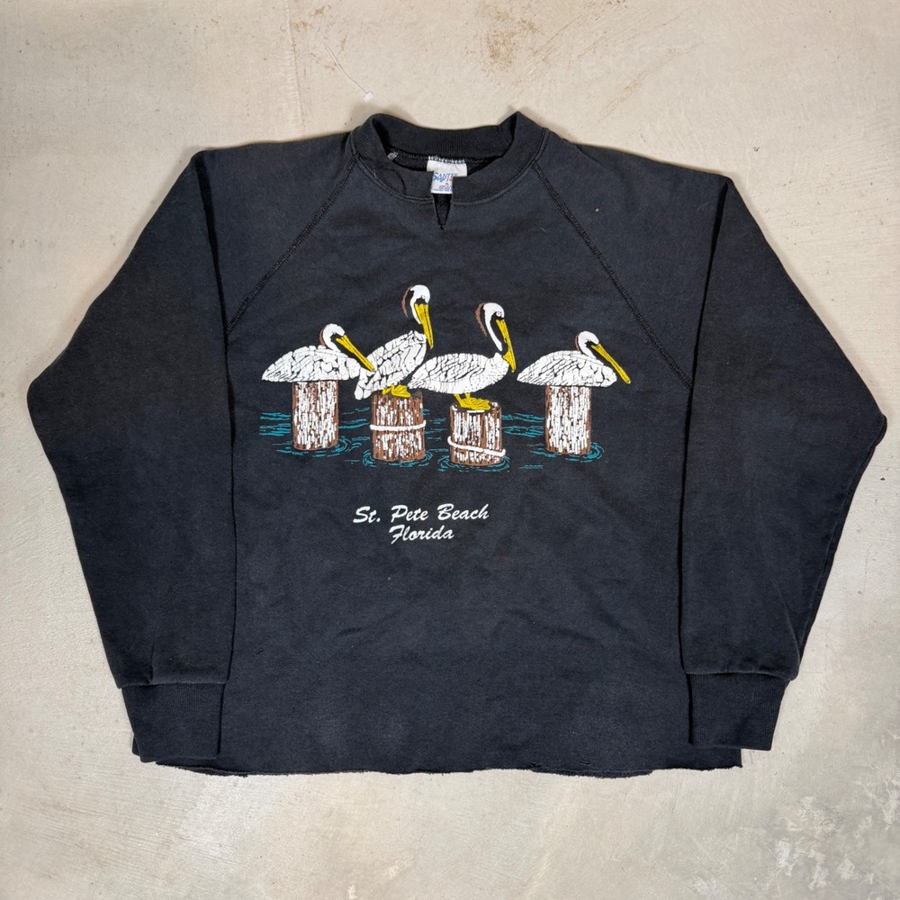 Vintage Santee Sweats St Pete Beach Florida Pelican Sweatshirt Black M Raglan
